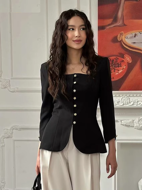 Fashion Square Collar Long Sleeve Shirts Elegant Classic Solid Top CODE: KAR3778