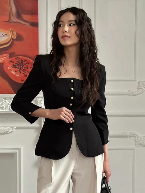 Fashion Square Collar Long Sleeve Shirts Elegant Classic Solid Top CODE: KAR3778