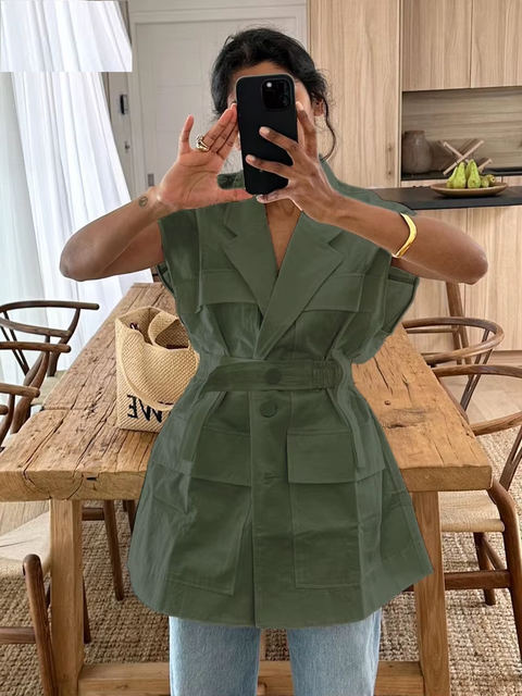 Fashion Loose Elegant Lapel Sleeveless Casual Classic Solid Top CODE: KAR3779