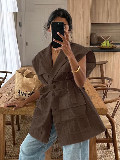 Fashion Loose Elegant Lapel Sleeveless Casual Classic Solid Top CODE: KAR3779