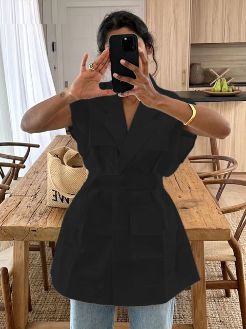 Fashion Loose Elegant Lapel Sleeveless Casual Classic Solid Top CODE: KAR3779