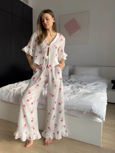 New Ruffle Long Sleeve Matching Lounge Shirts Pajama Set CODE: KAR3782