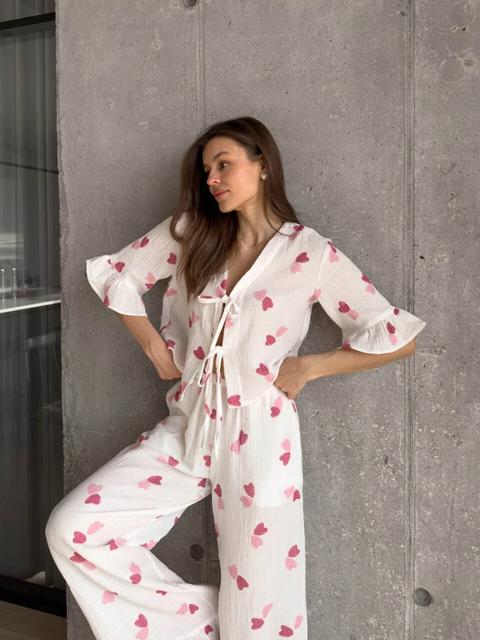 New Ruffle Long Sleeve Matching Lounge Shirts Pajama Set CODE: KAR3782