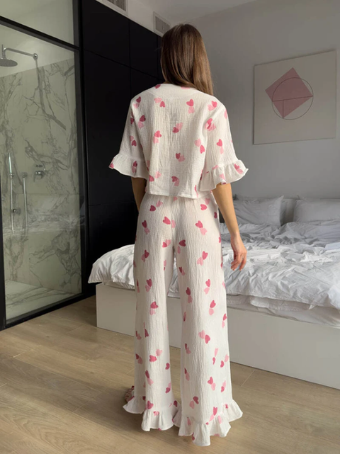New Ruffle Long Sleeve Matching Lounge Shirts Pajama Set CODE: KAR3782