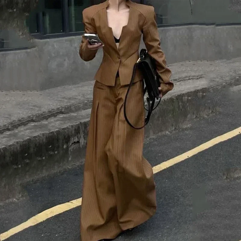New Long Sleeves Single-button Striped V-Neck Blazer & Pleated Wide Leg Loose Two Piece Set CODE: KAR3783