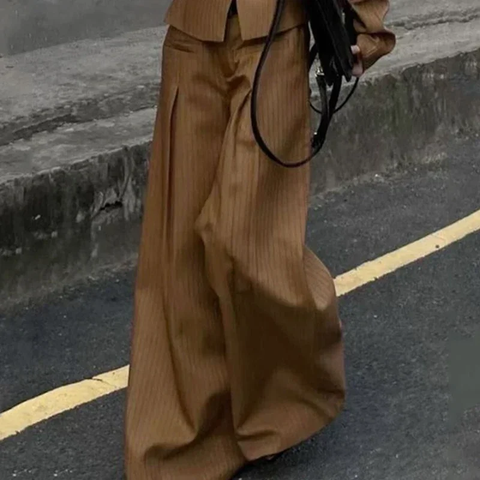 New Long Sleeves Single-button Striped V-Neck Blazer & Pleated Wide Leg Loose Two Piece Set CODE: KAR3783