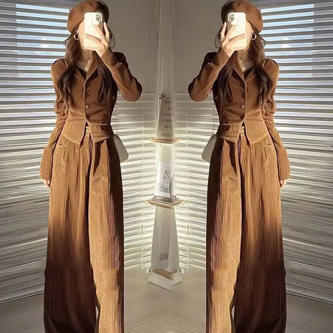 New Tailored Blouse Slim Shirt Top And Loose Waist Wide-leg Pant Two-piece Set CODE: KAR3784