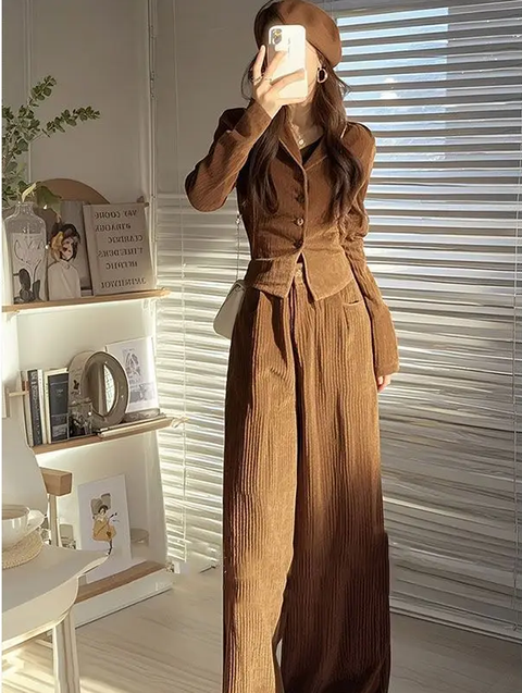 New Tailored Blouse Slim Shirt Top And Loose Waist Wide-leg Pant Two-piece Set CODE: KAR3784