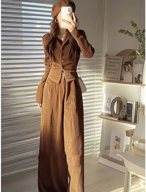 New Tailored Blouse Slim Shirt Top And Loose Waist Wide-leg Pant Two-piece Set CODE: KAR3784