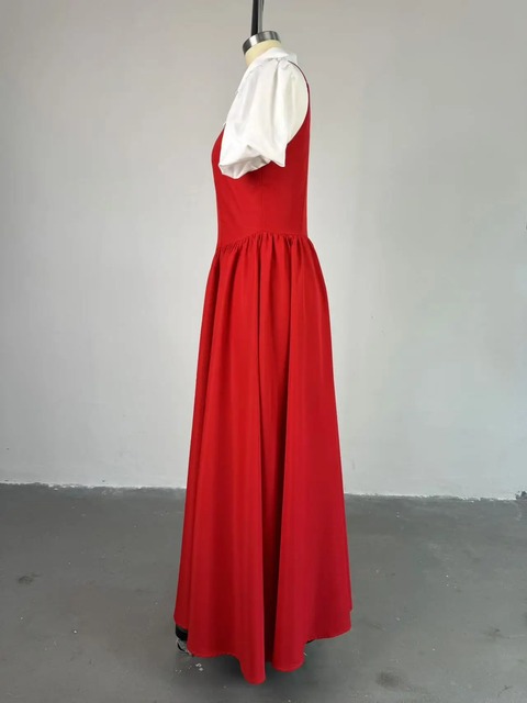 New Puff Sleeve Sweet Slim High Waist Ruched Pleated Beach Streetwear Maxi Long Dress CODE: KAR3789