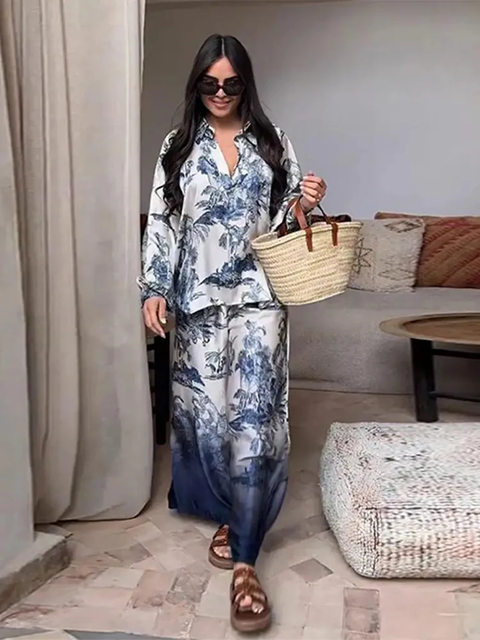 New Fashion Long Sleeve Lapel Shirt Loose High Waisted Pants Set CODE: KAR3792