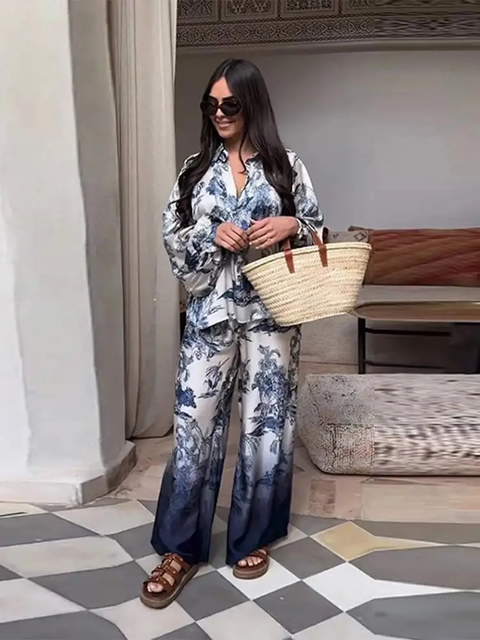 New Fashion Long Sleeve Lapel Shirt Loose High Waisted Pants Set CODE: KAR3792