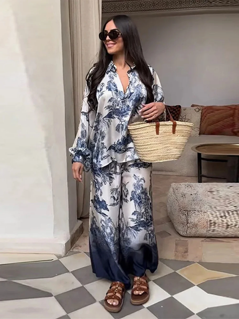 New Fashion Long Sleeve Lapel Shirt Loose High Waisted Pants Set CODE: KAR3792