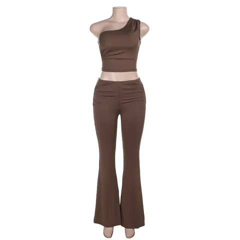 New Spring Summer Casual Shoulder Bared Vest Top And High Waist Pants Two Piece Set CODE: KAR3798
