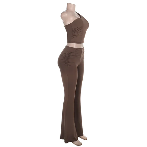 New Spring Summer Casual Shoulder Bared Vest Top And High Waist Pants Two Piece Set CODE: KAR3798
