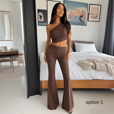 New Spring Summer Casual Shoulder Bared Vest Top And High Waist Pants Two Piece Set CODE: KAR3798