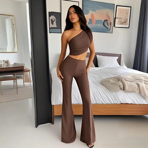 New Spring Summer Casual Shoulder Bared Vest Top And High Waist Pants Two Piece Set CODE: KAR3798