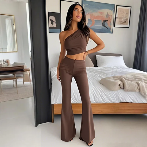 New Spring Summer Casual Shoulder Bared Vest Top And High Waist Pants Two Piece Set CODE: KAR3798