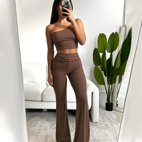 New Spring Summer Casual Shoulder Bared Vest Top And High Waist Pants Two Piece Set CODE: KAR3798