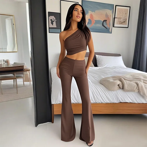 New Spring Summer Casual Shoulder Bared Vest Top And High Waist Pants Two Piece Set CODE: KAR3798