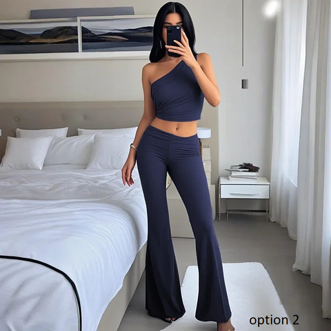 New Spring Summer Casual Shoulder Bared Vest Top And High Waist Pants Two Piece Set CODE: KAR3798
