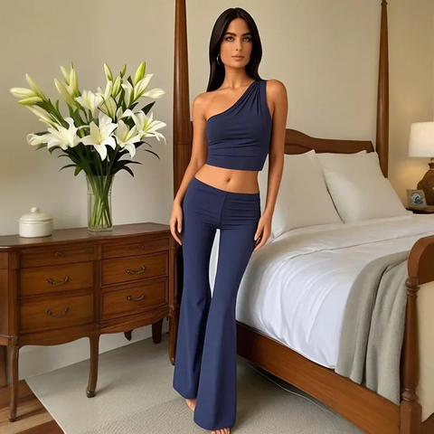 New Spring Summer Casual Shoulder Bared Vest Top And High Waist Pants Two Piece Set CODE: KAR3798