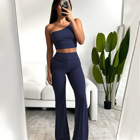 New Spring Summer Casual Shoulder Bared Vest Top And High Waist Pants Two Piece Set CODE: KAR3798