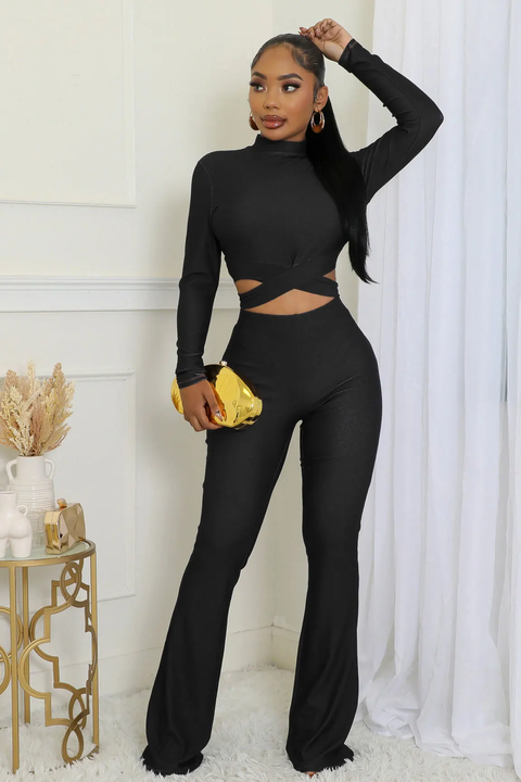 New Fashion Mock Neck Matching Short Tops Bodycon Long Flare Pant Set CODE: KAR3799