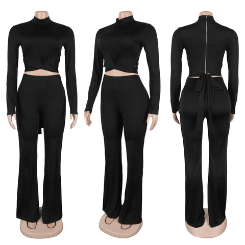 New Fashion Mock Neck Matching Short Tops Bodycon Long Flare Pant Set CODE: KAR3799