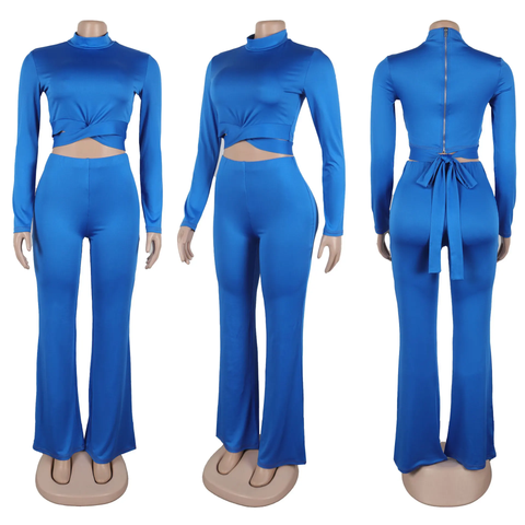 New Fashion Mock Neck Matching Short Tops Bodycon Long Flare Pant Set CODE: KAR3799