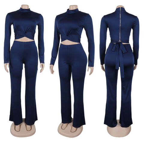 New Fashion Mock Neck Matching Short Tops Bodycon Long Flare Pant Set CODE: KAR3799