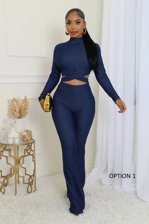 New Fashion Mock Neck Matching Short Tops Bodycon Long Flare Pant Set CODE: KAR3799