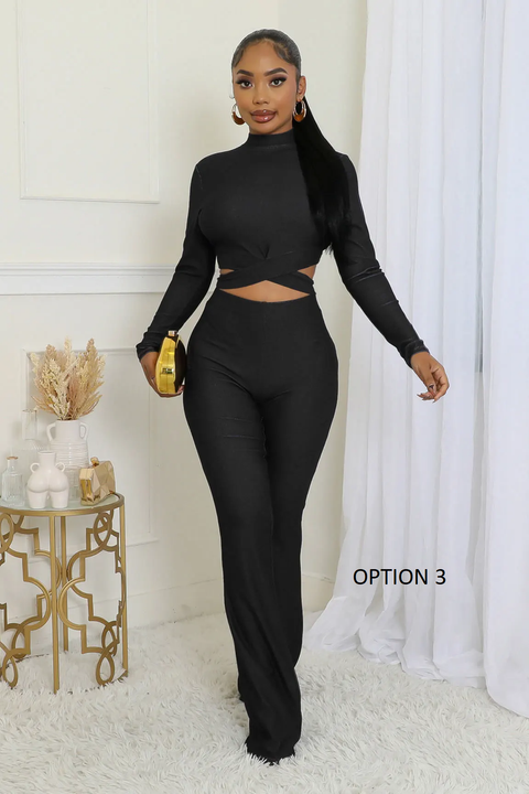 New Fashion Mock Neck Matching Short Tops Bodycon Long Flare Pant Set CODE: KAR3799