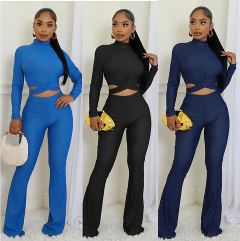 New Fashion Mock Neck Matching Short Tops Bodycon Long Flare Pant Set CODE: KAR3799