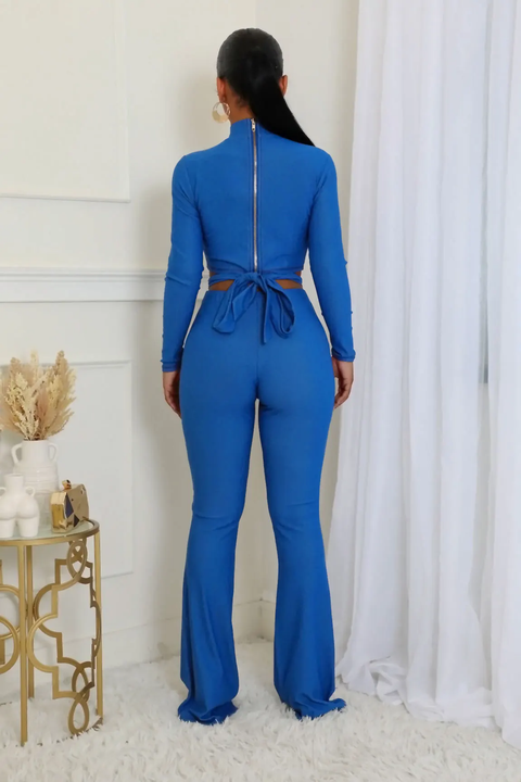 New Fashion Mock Neck Matching Short Tops Bodycon Long Flare Pant Set CODE: KAR3799