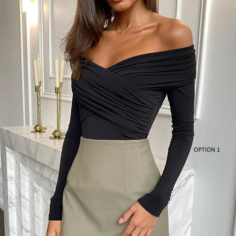 New Fashion V-Neck Off-Shoulder Spice Slim Splicing Long Sleeve Top CODE: KAR3805