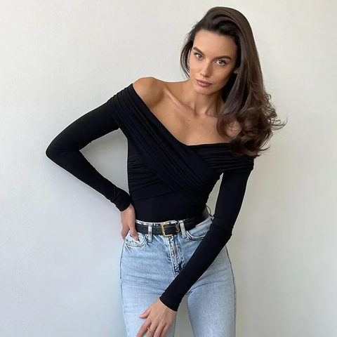 New Fashion V-Neck Off-Shoulder Spice Slim Splicing Long Sleeve Top CODE: KAR3805