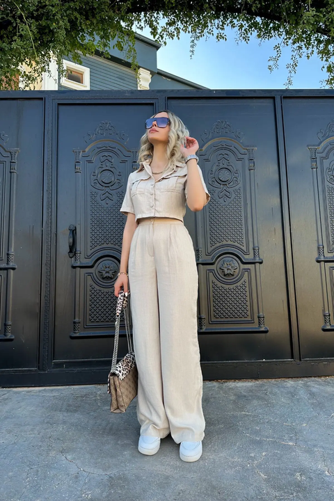 New High Waist Loose Work Crop Tank Top & Wide Leg Pants Set CODE: KAR3809