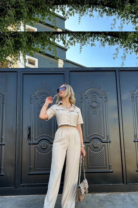 New High Waist Loose Work Crop Tank Top & Wide Leg Pants Set CODE: KAR3809