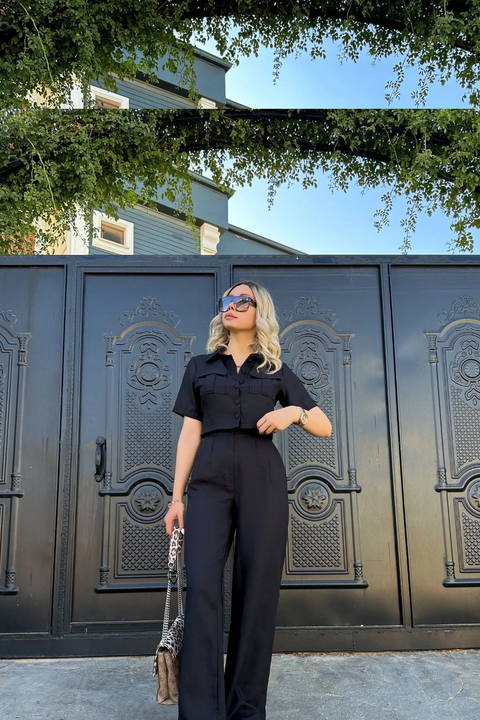 New High Waist Loose Work Crop Tank Top & Wide Leg Pants Set CODE: KAR3809