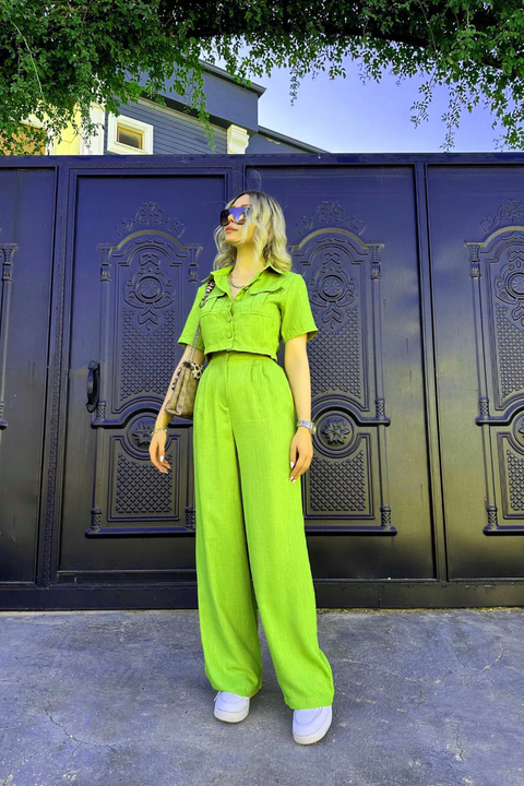 New High Waist Loose Work Crop Tank Top & Wide Leg Pants Set CODE: KAR3809