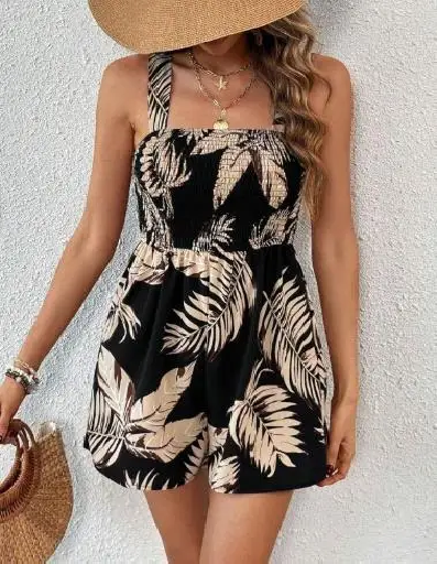 New casual printed strapless shoulder strap one-piece short Jumpsuit CODE: KAR3816