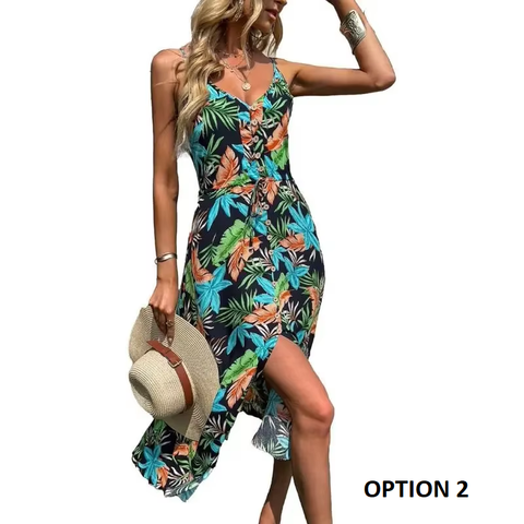 New Casual Sleeveless V-neck Light weight Floaty Strapless Printed Midi Dress CODE: KAR3817
