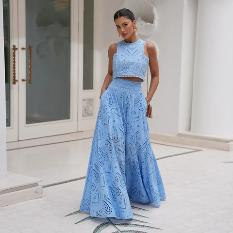 New Casual Sleeveless Top Embroidered Pocket Long Skirts Two-Piece Set CODE: KAR3818