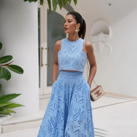New Casual Sleeveless Top Embroidered Pocket Long Skirts Two-Piece Set CODE: KAR3818