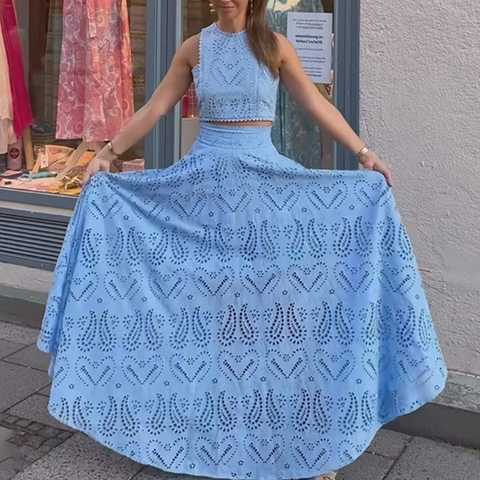 New Casual Sleeveless Top Embroidered Pocket Long Skirts Two-Piece Set CODE: KAR3818