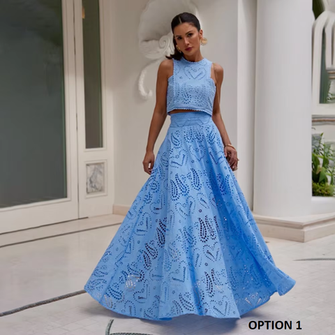 New Casual Sleeveless Top Embroidered Pocket Long Skirts Two-Piece Set CODE: KAR3818