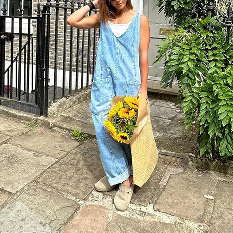 New V Neck Spliced Overalls Pockets High Street Loose High Waist Jeans Jumpsuits CODE: KAR3822