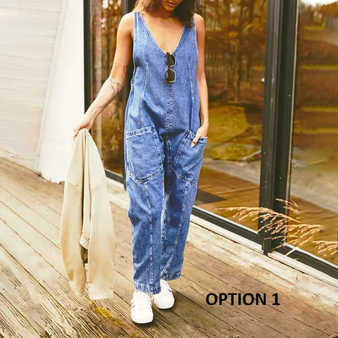 New V Neck Spliced Overalls Pockets High Street Loose High Waist Jeans Jumpsuits CODE: KAR3822