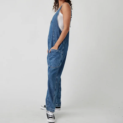 New V Neck Spliced Overalls Pockets High Street Loose High Waist Jeans Jumpsuits CODE: KAR3822